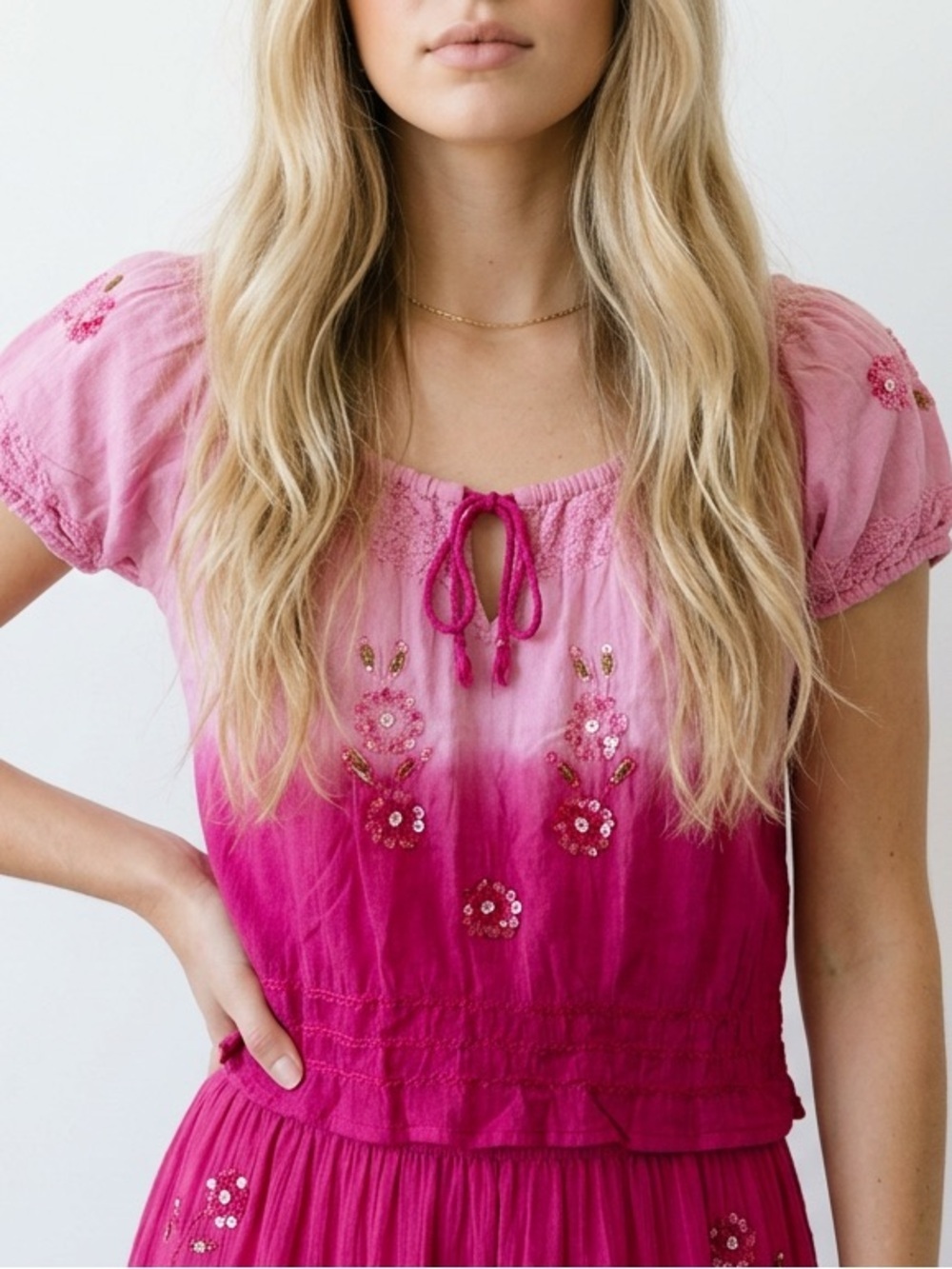 Whimsical Fairycore Y2K ombré Dip Dye Floral embroidered beaded Cropped Blouse